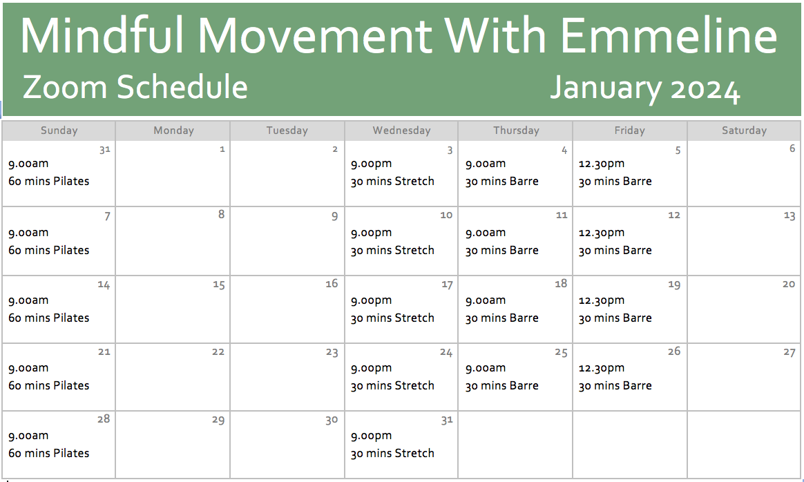 Zoom schedule of Pilates, Barre and Fascial Movement classes